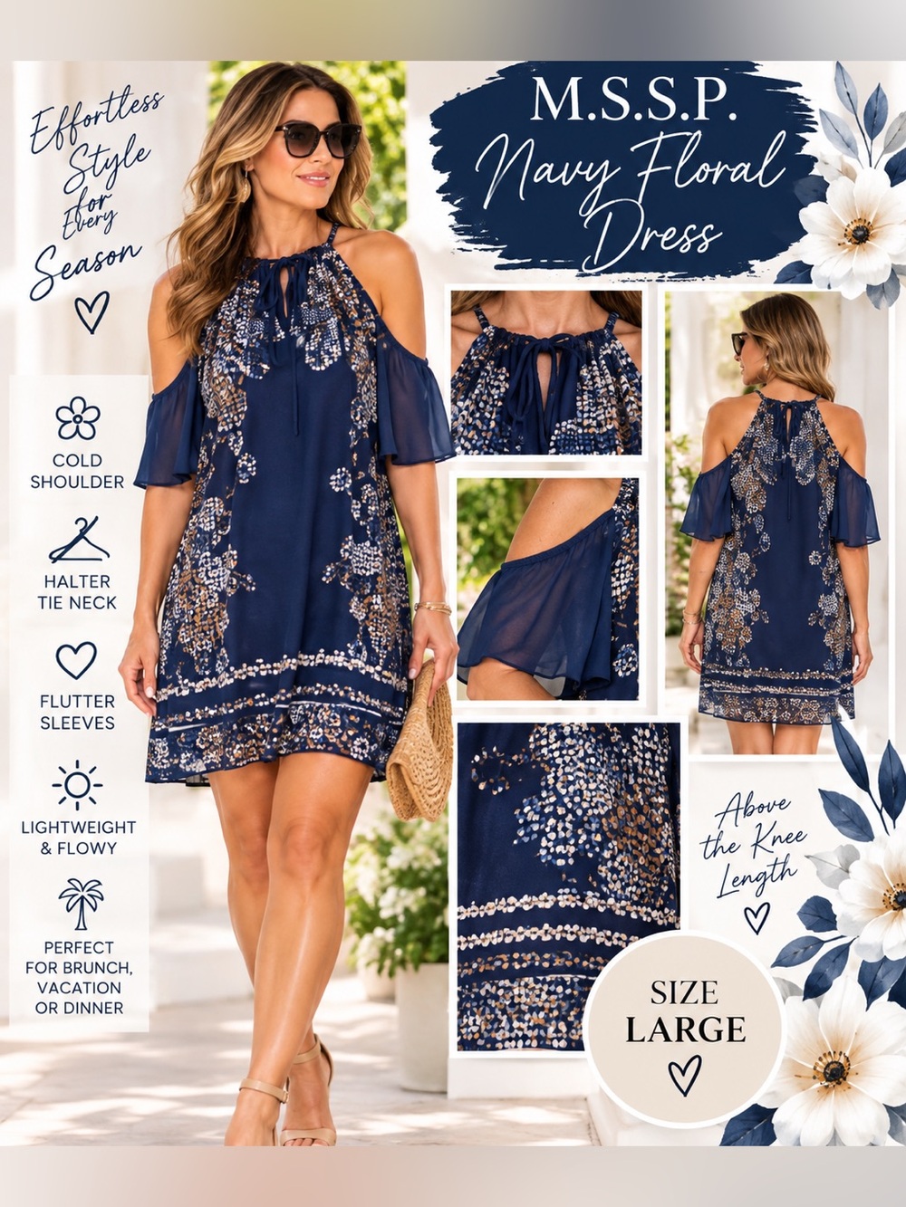 MSSP Navy Floral Cold Shoulder Halter Dress Size L